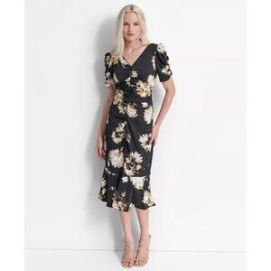 134$ DKNY Floral Print Ruched Flounce-Hem Party Midi Dress Size 6 Black Beige